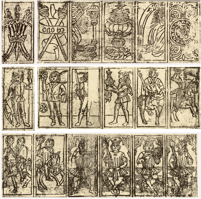 Eighteen cards from a pack of an early form of north Italian playing cards, with the swords back-to-back and curved outwards. Believed to be Venetian, dated 1462.